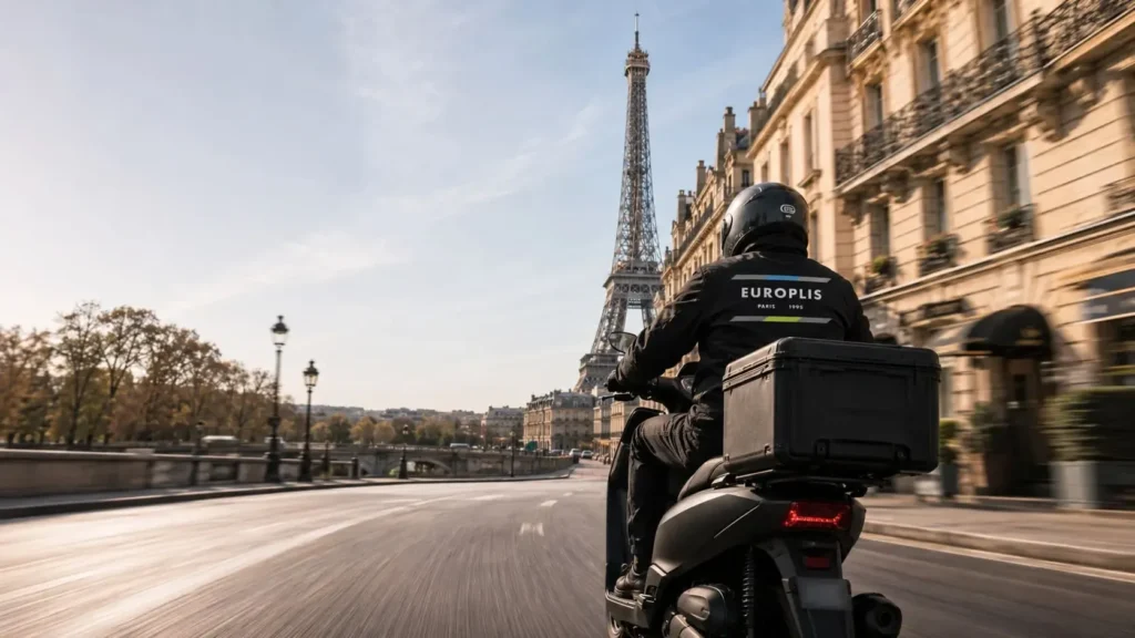 Coursier à Paris livraison en moto devant la Tour Eiffel