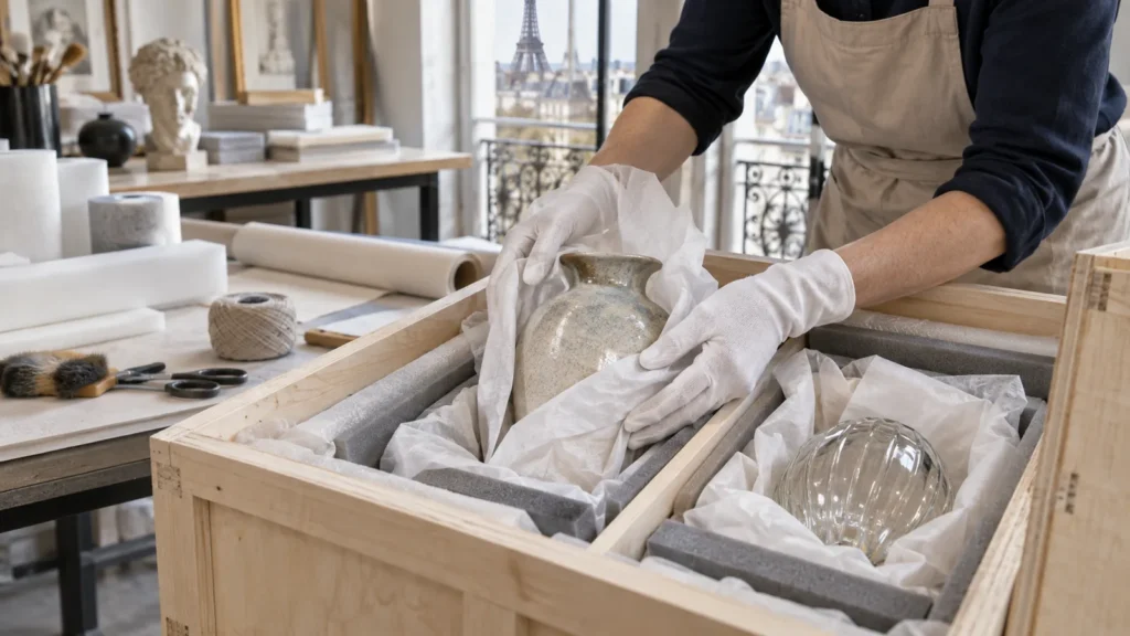 Vase en céramique et objet en verre emballés dans une caisse compartimentée, emballage d'objets d'art fragiles