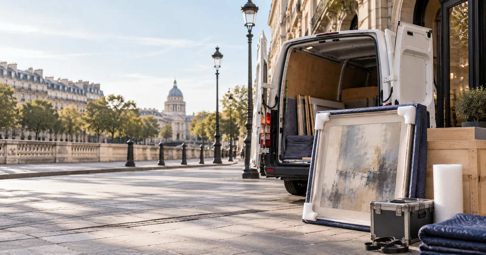 Véhicule dédié et œuvre d'art emballée devant une galerie parisienne, transport d'œuvres d'art en Île-de-France