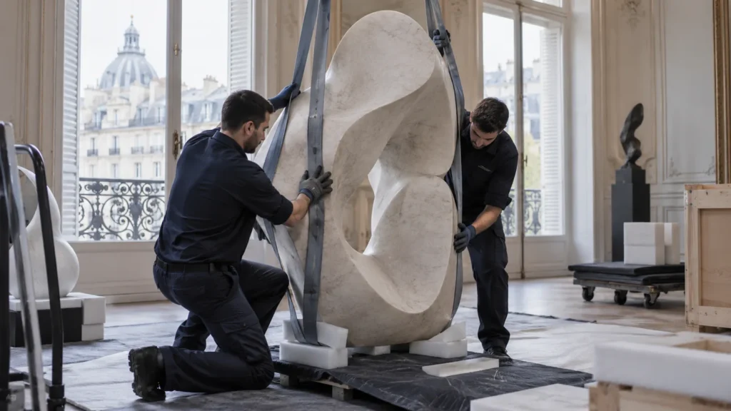 Deux manutentionnaires déplaçant une sculpture avec des sangles, transport de sculptures à Paris