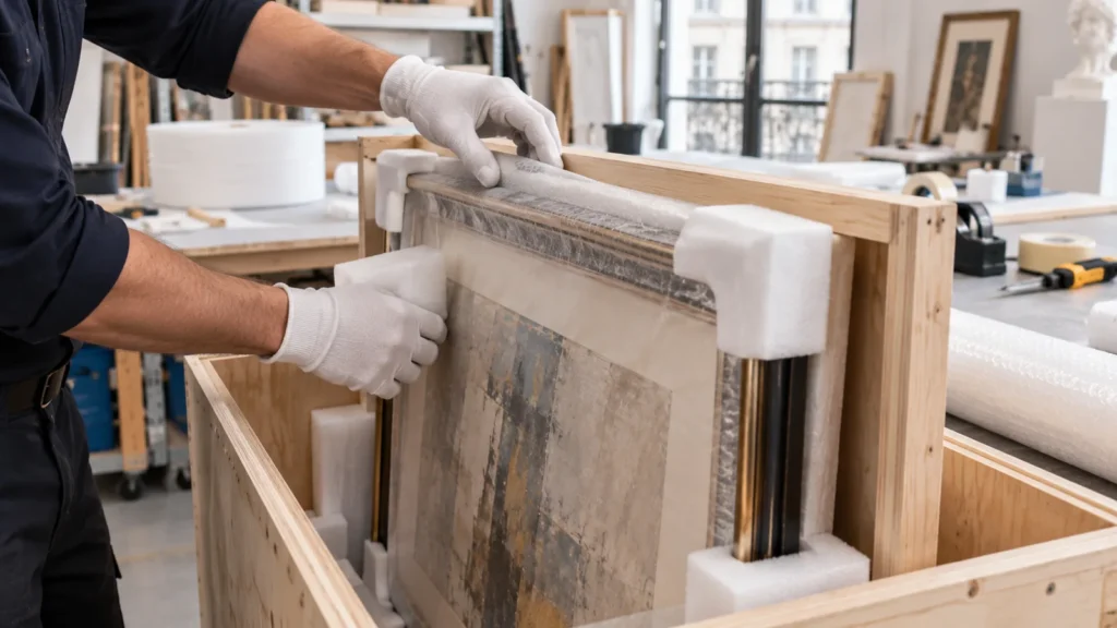 Tableau encadré protégé et calé dans une caisse sur mesure, transport de tableaux et peintures à Paris
