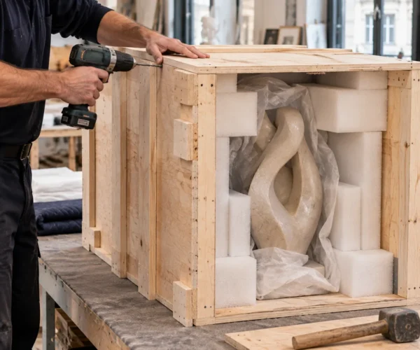 Fabrication d'une caisse en bois sur mesure autour d'une sculpture, caisserie pour œuvres d'art
